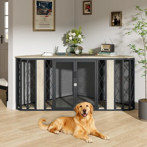 Miniatura 12 de kepptory Caja grande para perros de 48 pulgadas con 3 cajones de almacenamiento, perrera de madera con divisor removible, mesa auxiliar de perrera