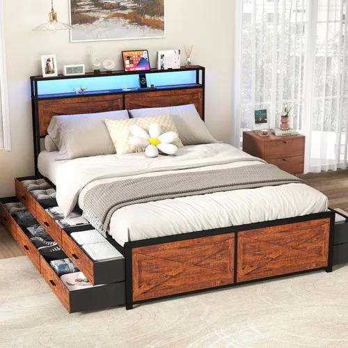 Miniatura 15 de Kiivakii Base de cama Queen con cabecero, base de cama de plataforma LED con 4 cajones de almacenamiento, estación de carga integrada, sin ruido