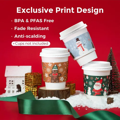 Miniatura 3 de FMP Brands Paquete de 50 fundas de papel de Navidad para tazas de café, fundas desechables de café navideñas para tazas de café desechables de 12