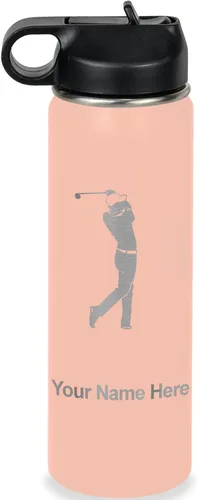 Miniatura 64 de LaserGram Botella de agua personalizada, golfista de golf, acero inoxidable de doble pared aislada al vacío con popote superior, regalo grabado Negro