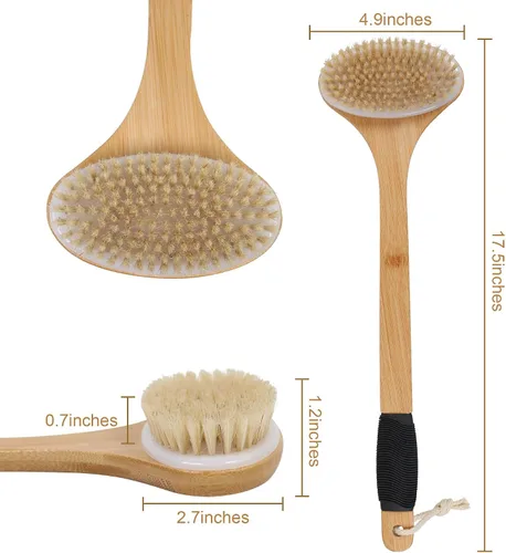 Miniatura 3 de OWIIZI Cepillo de limpieza de espalda para ducha, cerdas de jabalí rígidas de bambú, curvadas de mango largo, cepillo de baño antideslizante