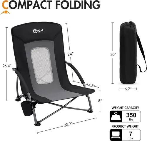 Miniatura 3 de PORTAL Sillas de Playa para Adultos, Camping, Bajas, Ligeras, Portátiles con Soporte para Tazas, Respaldo de Malla, Bolsa de Transporte para Arena