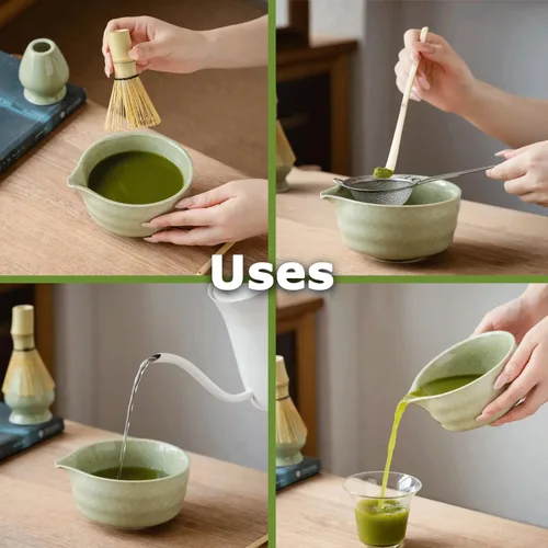 Miniatura 3 de Juego de 7 batidores de matcha, kit de cerámica con cuenco, batidor y soporte de bambú, cuchara de bambú, tamiz y toalla de té, juego de regalo