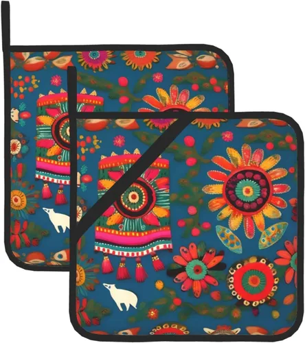 Juego de almohadillas calientes de 8 x 8 pulgadas, diseño de arte popular mexicano, bohemio, antideslizante, resistente al calor, para hornear, Folk