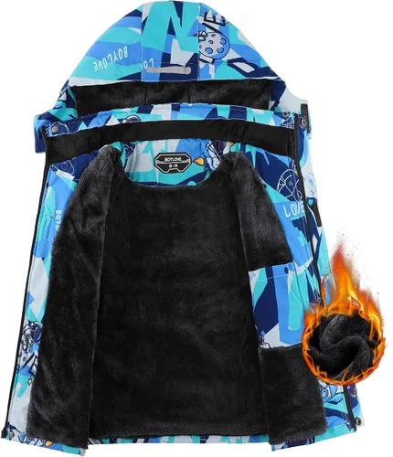 Miniatura 3 de Chaquetas de esquí para niños, impermeable, abrigo de invierno con forro polar, resistente al viento, chaqueta de snowboard con capucha desmontable