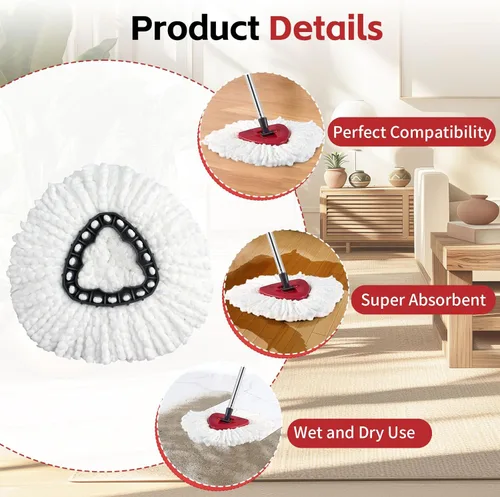 Miniatura 5 de ANREKEYH Cabezal de repuesto para trapeador giratorio, base, mango compatible con la mopa giratoria de microfibra O Cedar EasyWring, 2 cabezales
