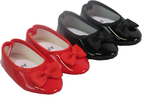 Miniatura 8 de American Fashion World Zapatos planos con lazo de diamante metálico rosa intenso, lavanda y verde azulado para muñecas de 14 pulgadas, paquete de 3