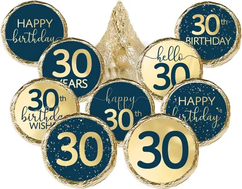 Pegatinas para fiesta de cumpleaños número 30, 180 etiquetas de papel de aluminio azul marino y dorado para besos de chocolate, decoraciones de