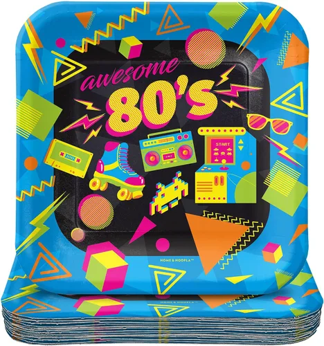 HOME & HOOPLA Suministros para fiestas de los 80 - Platos de postre de papel cuadrados con íconos totalmente geniales de los años 1980 para 16