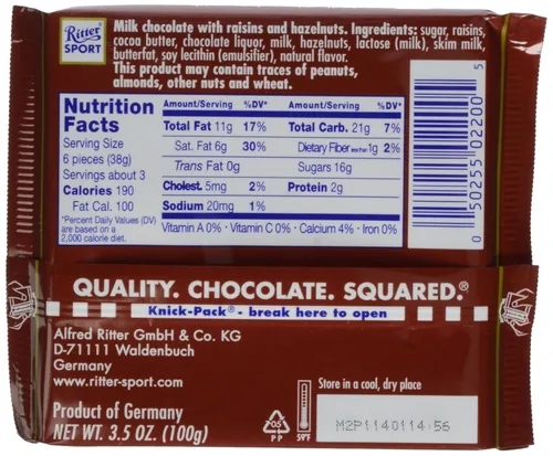 Miniatura 3 de Ritter Sport, Barra de chocolate con pasas y avellanas, 3.5 oz