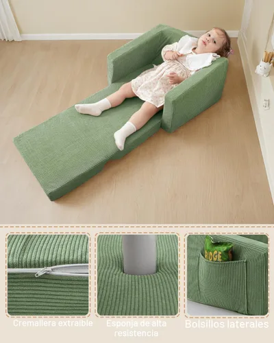 Miniatura 4 de Silla para bebés y niños, 2 en 1 Sofás blandos para bebés que se despliegan, Sillas para bebés cómodas de 1 a 3 años, Sofá convertible a salón, Verde
