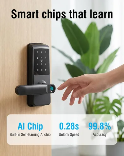 Miniatura 2 de Cerradura de puerta con teclado con asa, cerradura de puerta de entrada sin llave 5 en 1, cerradura de puerta biométrica de huellas dactilares