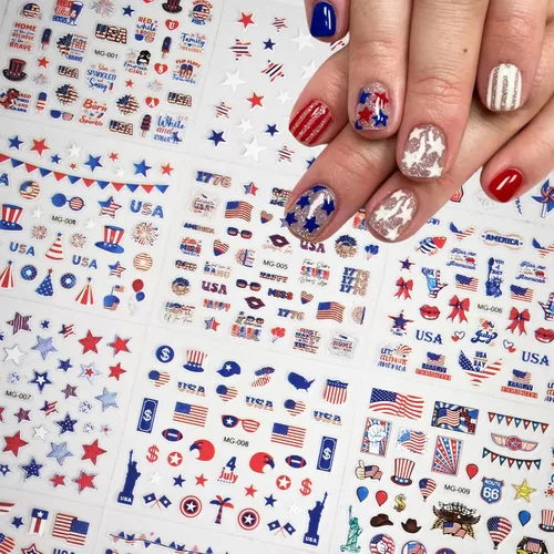 Miniatura 2 de 30 hojas de calcomanías de uñas del 4 de julio para arte de uñas, Día de la Independencia, calcomanías de arte en 3D, autoadhesivas, bandera