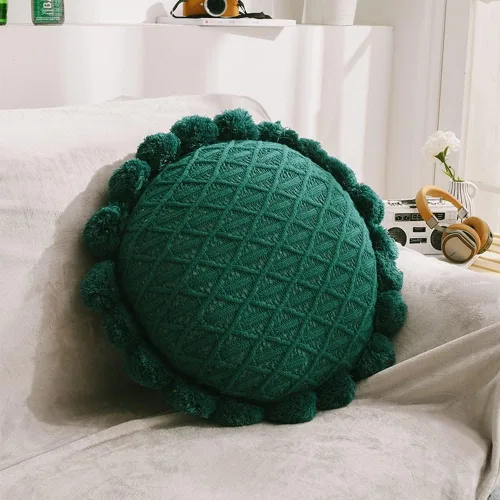 vctops Lindos pompones de punto almohadas con inserto geométrico, cojín redondo suave para sofá cama (verde, diámetro de 20 pulgadas)