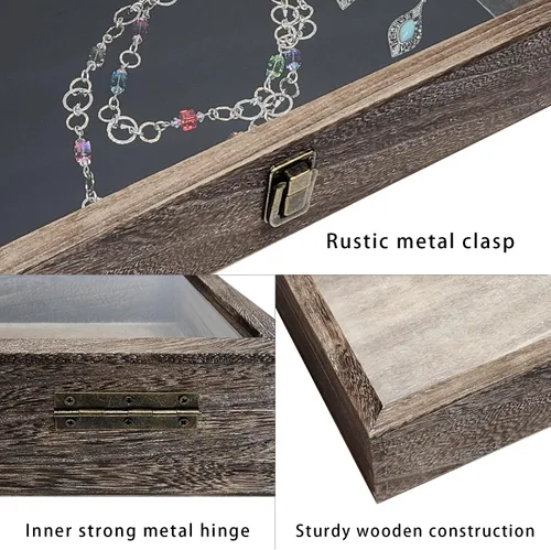 Miniatura 6 de MOOCA Vitrina de madera con tapa de cristal, vitrina de cuchillo de bolsillo con almohadilla de exhibición de joyería de terciopelo MDF de lujo