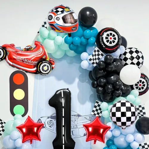 Miniatura 4 de Piokio 9 globos de auto de carreras, globos negros número 1 a cuadros para decoración de fiesta temática de primer cumpleaños de carreras