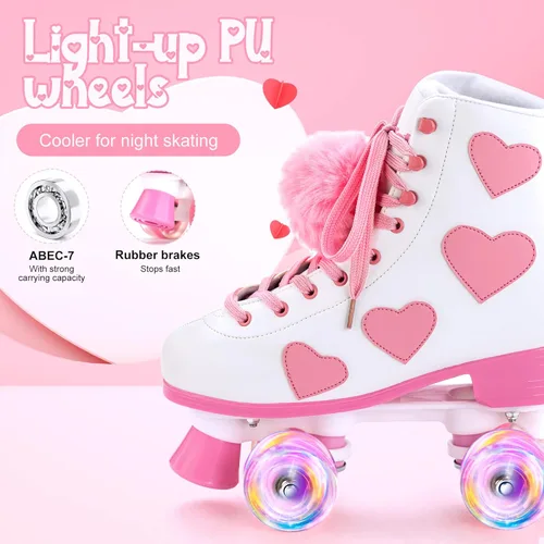 Miniatura 6 de Ruthfot Patines clásicos para mujeres y niñas con ruedas iluminadas y patrón de corazón de amor, patines de cuero PU de caña alta.. Blanco