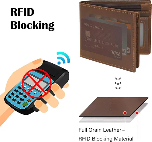Miniatura 6 de Polare - Cartera plegable de piel de caballo loco natural para hombre, con bloqueo RFID