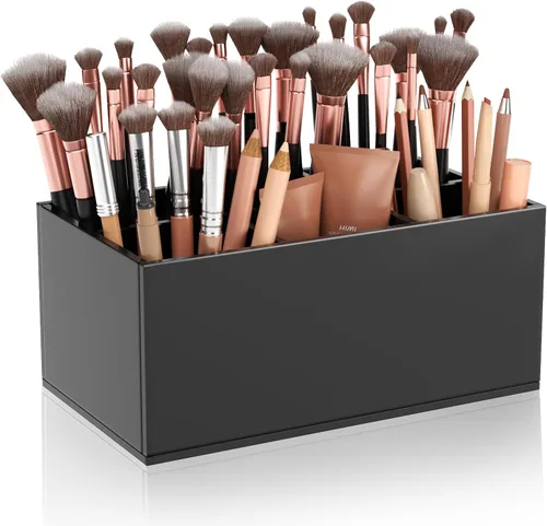 HIIMIEI Organizador Portacepillos de Maquillaje Negro Acrílico de 6 Ranuras Organizador de Almacenamiento para Cepillos Cosméticos para Encimera de