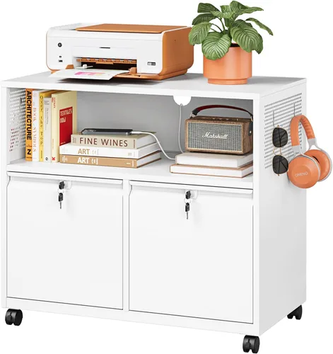 Miniatura 15 de Archivador de metal con 2 cajones con cerradura, gabinete archivador con soporte para impresora móvil y estantes para archivos de tamaño Negro