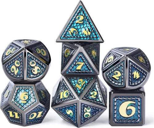 Miniatura 10 de DNDND - Juego de dados metálicos para DND con estuche de metal de regalo, 7 piezas de dados metálicos de Calabozos y Dragones para juego DND