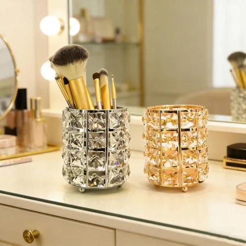 Miniatura 7 de Organizador de brochas de maquillaje, caja de almacenamiento de cosméticos con cristales brillantes para cepillos, peines y bolígrafos, contenedor