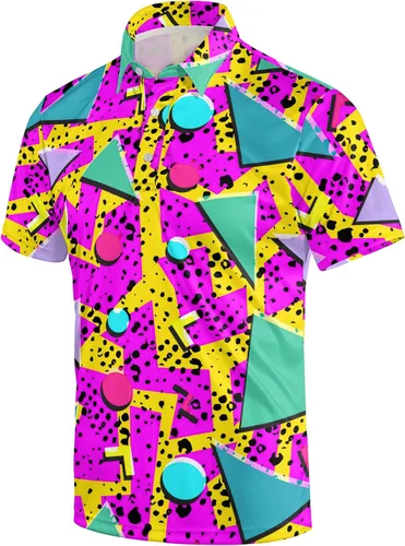 Miniatura 34 de Camisa de golf de los años 80 para hombre, ajuste seco, manga corta, estampada, divertidas, camisas de golf de los años 90 para hombre