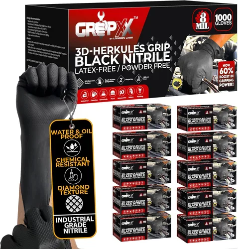 GRIPXX Herkules Grip Guantes de nitrilo resistentes de 8 mil, negros, con textura de diamante 3D elevada - Industriales, sin látex y sin polvo, para