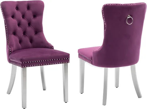 Miniatura 12 de LKTART Juego de 2 sillas de comedor de terciopelo, sillas de comedor copetudas con ribete de anillo de clavo, silla de comedor tapizada con patas