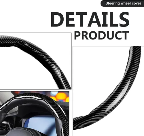 Miniatura 3 de 3 piezas de funda universal para volante de fibra de carbono - Diseño antideslizante y segmentado, protector de volante universal duradero al 99%