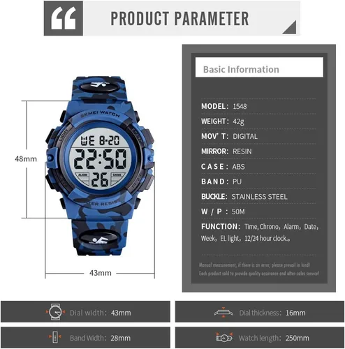 Miniatura 3 de FIZILI Reloj digital deportivo impermeable para niños, reloj despertador de 1224 H, cronómetro, calendario de 3 a 15 años, reloj de pulsera