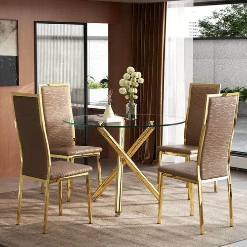 Miniatura 25 de Moderno juego de mesa redonda de cristal para 2, juego de mesa de cocina de círculo pequeño de 36 pulgadas con 2 sillas de comedor de piel sintética