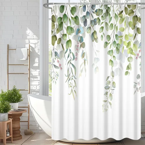 Miniatura 45 de Cortina de ducha de eucalipto verde salvia Velaequezii con plantas de acuarela, hojas botánicas de primavera impresas, cortina de baño impermeable