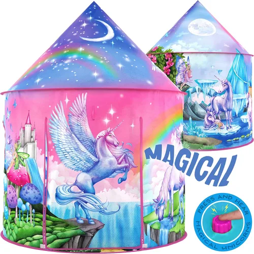 Miniatura 8 de W&O Tienda de campaña de princesa congelada para niñas con botón de sonido mágico, luces LED, corona y varita – Tienda de campaña congelada