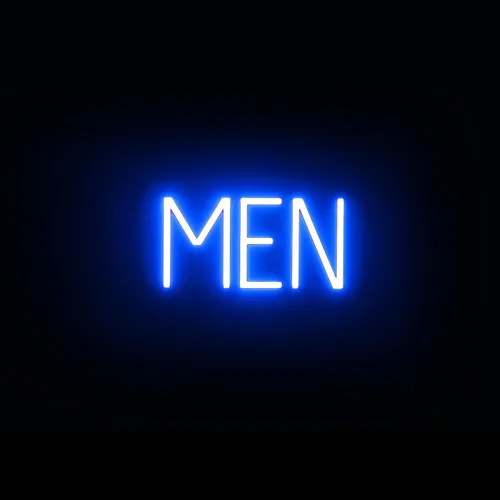 SpellBrite Letrero de MEN para baños de negocios | Letreros relacionados con el baño con aspecto de neón, luz LED azul | 13.8 x 6.3 pulgadas