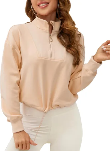 Miniatura 2 de SILKWORLD Sudadera corta con cremallera de un cuarto para mujer, manga larga, cuello alto, cordón ajustable, con bolsillos