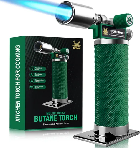 Miniatura 10 de RAVS Encendedor de butano, soplete de cocina recargable con llama ajustable y hebilla de seguridad, mini linterna de metal premium para hornear