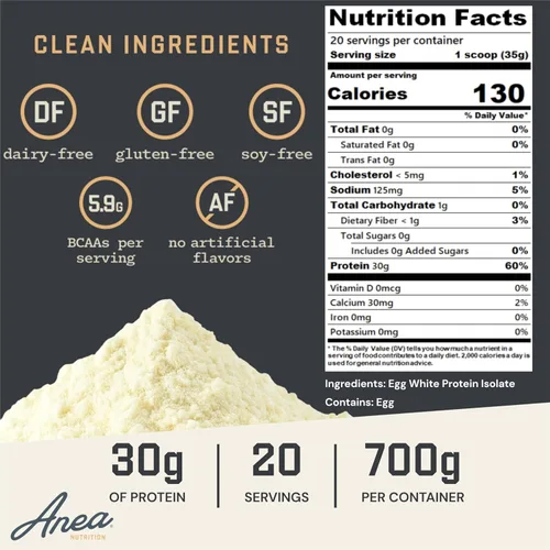 Miniatura 3 de Aislado de proteína de clara de huevo de Anea, sin sabor, 1.06 oz de proteína, sin grasa, 0.21 oz de BCAA Perfil completo de aminoácidos Sin