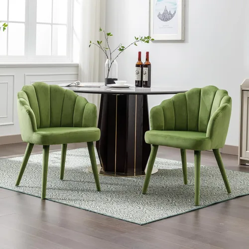 Miniatura 9 de Juego de 2 sillas de comedor de terciopelo modernas con respaldo de pétalos y patas de madera, cómodas sillas laterales tapizadas para comedor, Negro
