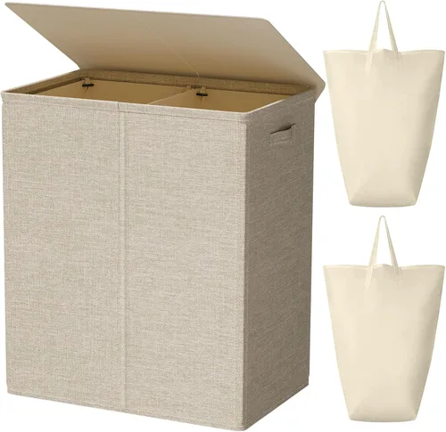 Miniatura 12 de WOWLIVE Cesta de lavandería de 100 litros con tapa, cesta plegable grande con 2 bolsas y asas extraíbles, cesta de ropa sucia plegable alta