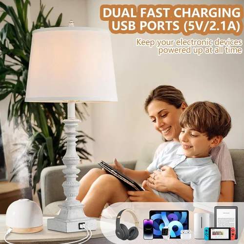Miniatura 2 de Juego de 2 lámparas de mesa de granja de 27.5 pulgadas, lámparas rústicas de dormitorio para mesita de noche con carga USB doble, lámparas