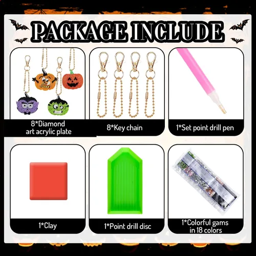 Miniatura 3 de Whaline Kit de llavero de dibujo de diamantes de Halloween, hecho a mano, caricatura, monstruo, vampiro, momia, gato, colgante de dibujo