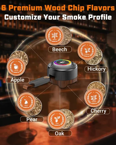 Miniatura 6 de Kit de ahumador eléctrico de whisky con control de humo ajustable (0–60s), kit de ahumador de cóctel con 6 virutas de madera, no necesita butano