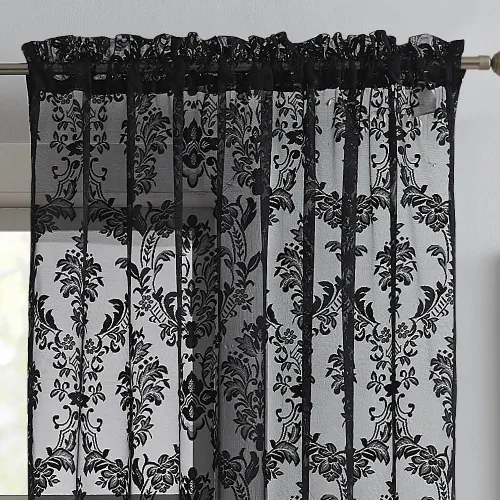ASATEX Par de 2 paneles de cortina de encaje negro de tamaño mediano de 54 pulgadas de ancho x 84 pulgadas de largo, con hermoso bordado de flores.