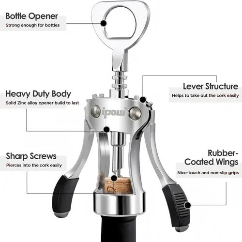 Miniatura 5 de IPOW Abridor de vino, abridor de botellas de vino de aleación de zinc, sacacorchos de ala resistente, tornillo de corcho multifuncional manual