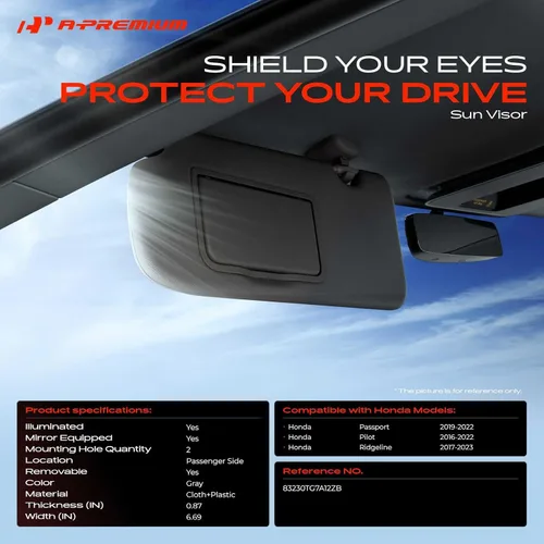 Miniatura 2 de A-Premium Visera solar del lado del pasajero derecho compatible con Honda Pilot 2016-2022, Ridgeline 2017-2023, Passport 2019-2022 - con espejo