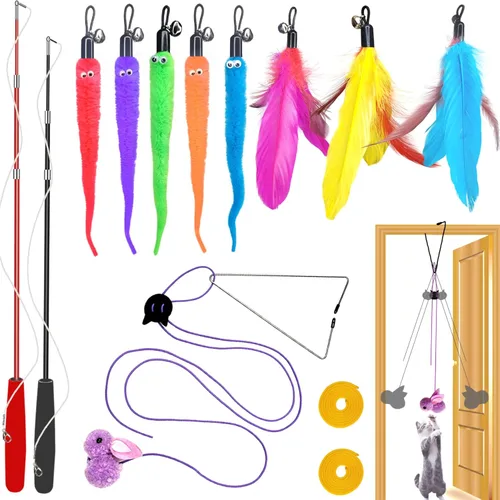 Miniatura 7 de ZPH Juguetes para gatos, paquete variado de plumas interactivas para gatos, varita y gatito, incluye juguete de ejercicio para gatos, ratón, gusanos
