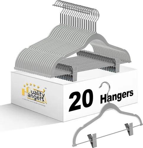 Paquete de 20 perchas de plástico de calidad, no aterciopeladas, compactas y delgadas con clips de metal para faldas, pantalones, blusas, gancho Gris