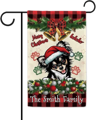 Miniatura 11 de Bandera de jardín de Navidad de 12.5 x 18 pulgadas, anillo de bola de Navidad para perro chihuahua, campana, corona, bandera de búfalo rojo, a