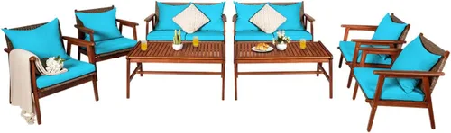 Miniatura 13 de Tangkula juego de 4 sofás de madera de patio, juego de asientos de madera de acacia para exterior con cojines y mesa de centro, juego de sofá